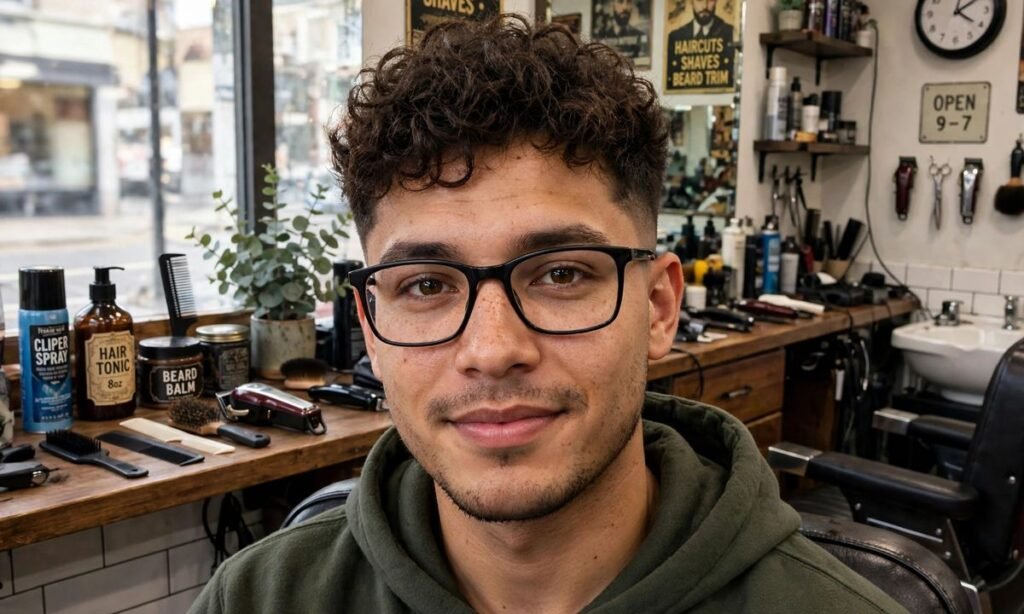 Hero image of a haircut for men with curly hair and glasses with a curly taper fade