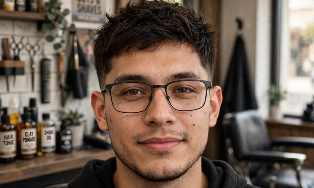 Haircut for men with big ears and glasses, hero image with medium sides and textured top