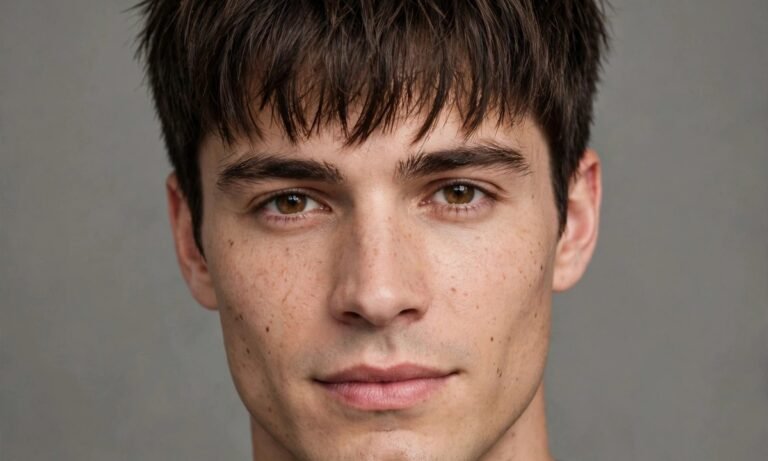 Man with cleft chin and textured fringe haircut, studio portrait
