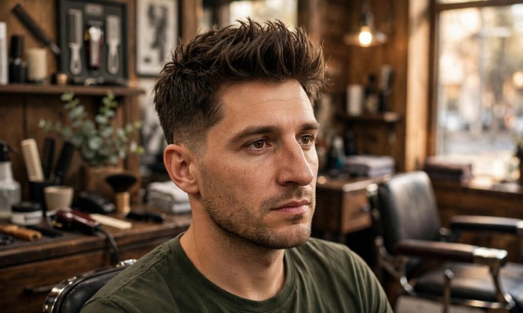 Textured Quiff Haircut for a Man With a Prominent Nose: real man in a barbershop showing front volume and tapered sides