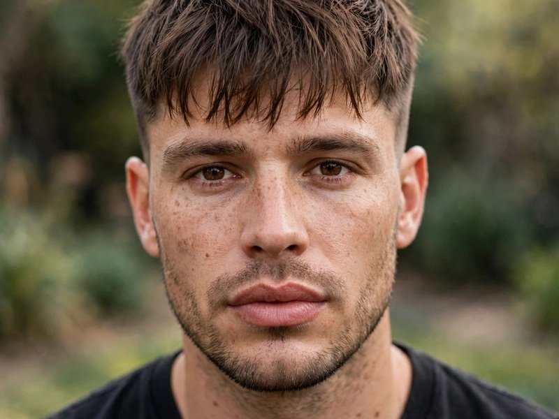 Haircut for Men With Big Lips - French Crop Fringe Style showing a man with full lips and a short textured fringe haircut