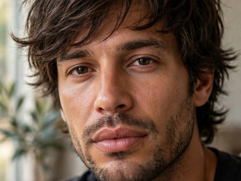 Haircut for Men With Big Lips - Medium Textured Layers showing a man with full lips and a medium layered wavy hairstyle