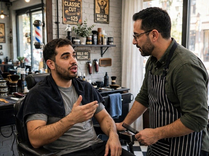 Haircut for Men With Big Lips - Barber Consultation Chair showing a man with full lips talking with his barber before a haircut